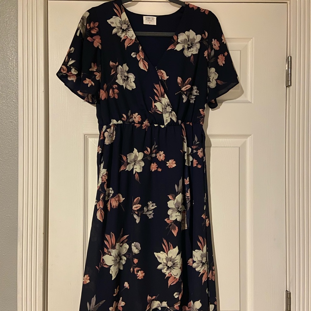 Sienna Sky Navy Blue Floral Faux Wrap Dress